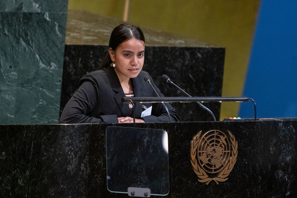 Youth representative Oemwa Johnson of Kiribati addresses the UN General Assembly's High-level meeting to commemorate and promote the International Day against Nuclear Tests.